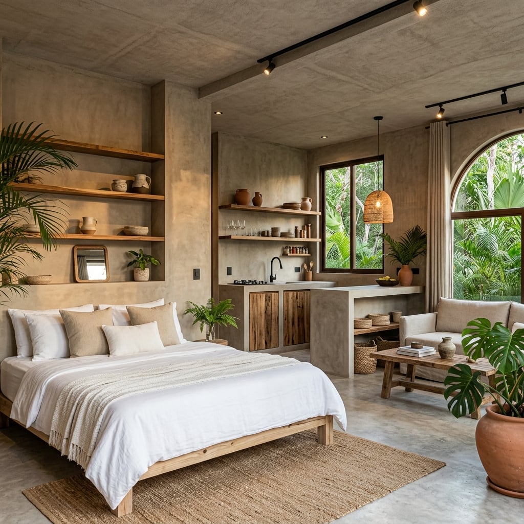Estudio premium estilo Tulum con acabados de concreto y madera